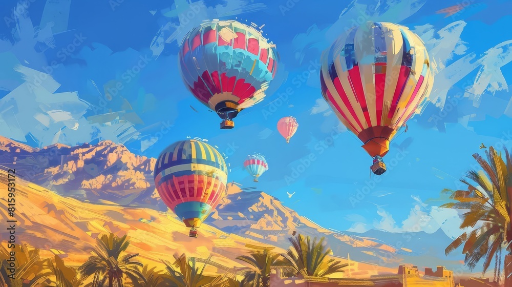 Fototapeta premium colorful hot air balloons floating in clear moroccan sky digital painting