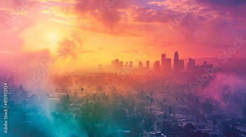 A vibrant cityscape where the usual smog is transformed into a captivating vortex of smoke in LGBTQ colors  symbolizing visibility and presence  seen from a high vantage point. Created Using  vibrant