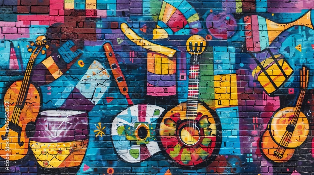 Fototapeta premium colorful urban graffiti music wall with ethnic instruments abstract background