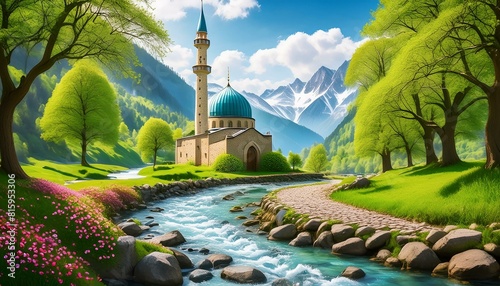 Beautiful, fantasy mosque in a spring forest aside a cobblestone path and a babbling brook. Stone wall. Mountains in the distance. Magical tone and feel, hyper realistic.