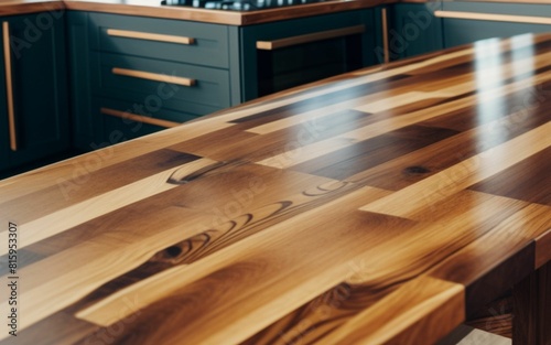 wooden table in the kitchen with a blurred background, showcase for products and food
