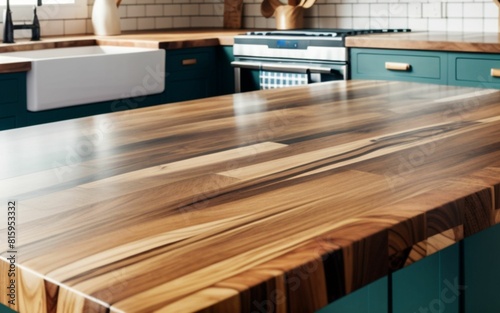 wooden table in the kitchen with a blurred background, showcase for products and food