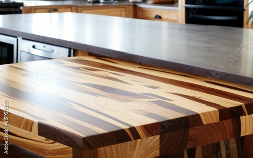 wooden table in the kitchen with a blurred background, showcase for products and food