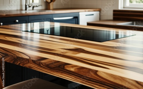 wooden table in the kitchen with a blurred background, showcase for products and food