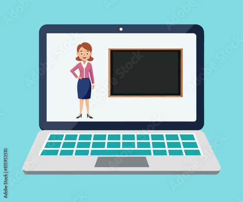 A laptop with a female teacher on the screen. Online education and virtual class