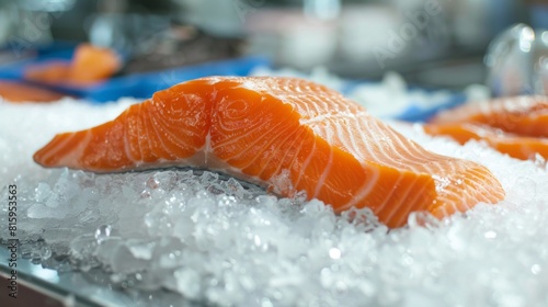 Fresh whole salmon displayed on ice at a seafood market, showcasing quality and freshness.