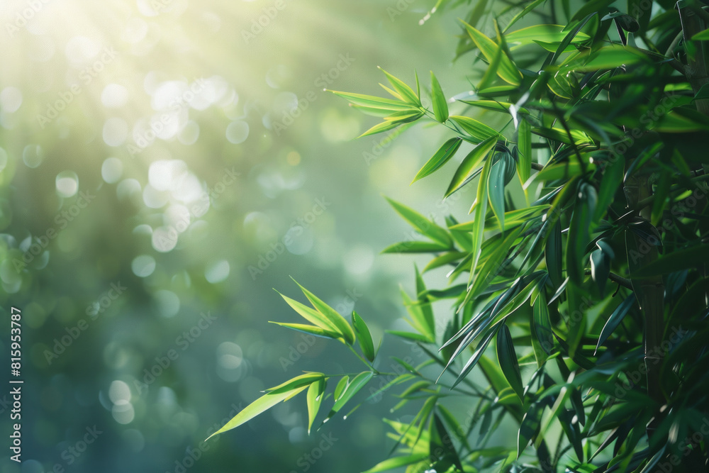 Obraz premium A serene bamboo forest bathed in soft sunlight, with slender bamboo stalks stretching towards the sky and lush green foliage filtering the dappled light, creating a tranquil oasis of natural beauty.