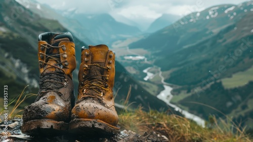 Mud-splattered hiking boots resting at a scenic overlook, a breathtaking valley below