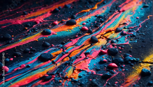 Image of bright  multi-colored streams of paint flowing across dark ground