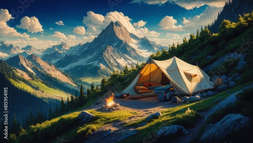Detailed painting of a hiking tent nestled on a verdant slope, surrounded by a mountain range with a blue sky adorned with clouds. The campsite with campfire and essential hiking gear