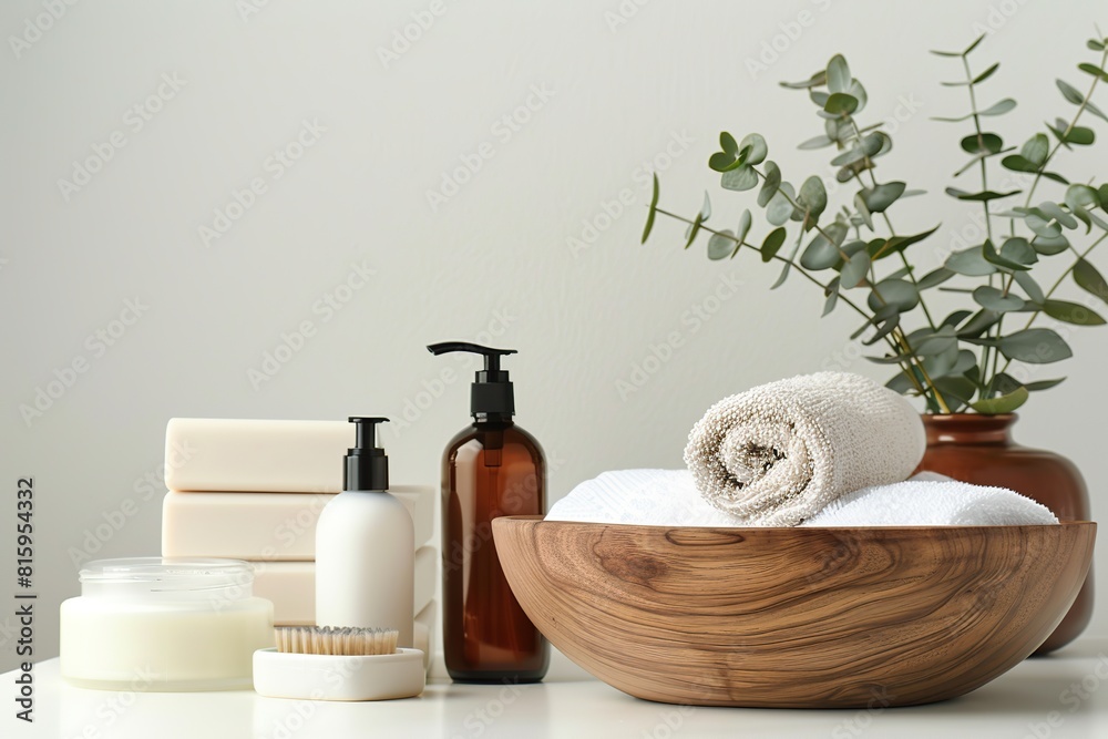 Natural skin care cosmetic tubes. Bathroom shelf with various hygiene accessories. Spa towel, different containers natural wood, brown glass. Bio beauty products. Light gray background. Shampoo, soap Natural skin care cosmetic tubes. Bathroom shelf with various hygiene accessories. Spa towel, different containers natural wood, brown glass. Bio beauty products. Light gray background. Shampoo, soap