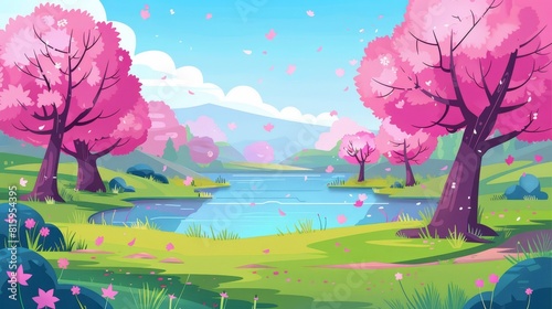 Park landscape with falling pink petals of japanese cherry trees. River or pond shore with green grass and bushes  modern cartoon illustration.