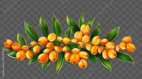 Modern realistic illustration of sea buckthorn elements and fruits with orange berries on transparent background. Natural plant, fresh seabuckthorn fruits of fresh seabuckthorn. photo