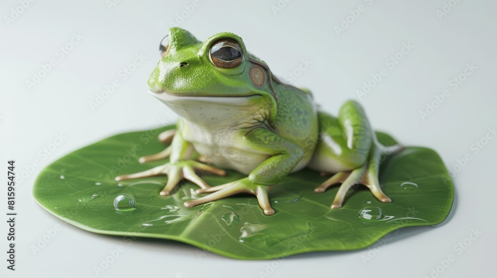 Obraz premium cute green frog sitting on leaf realistic 3d render of amphibian animal