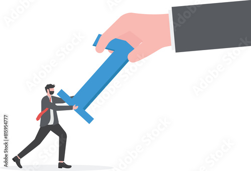 Fight to be number one. Big hand pulling a number one tug of war with a small businessman

