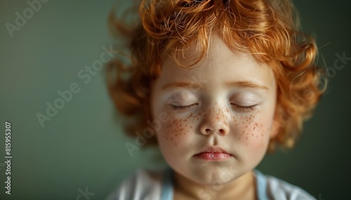 Calm toddler practicing meditation, eyes closed in serenity against zen green. © fourtakig