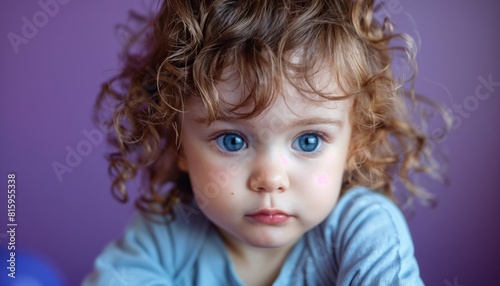 Curious toddler examining an object intently, pouty lips and furrowed brow on eggplant purple.