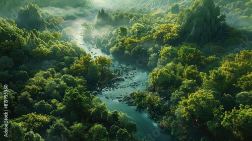 During summertime the lush forest is cradled by a wild river in an awe inspiring aerial perspective