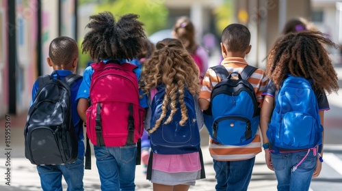 Students seen from the back, walking towards the school entrance, their steps brisk and backpacks bobbing