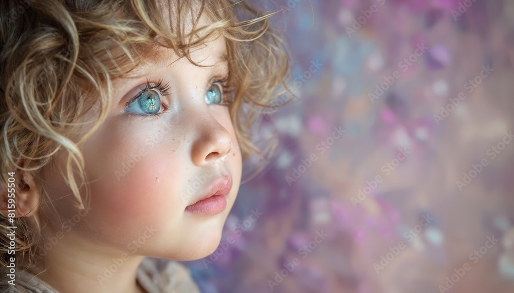 Pensive toddler gazing thoughtfully into the distance, daydreaming on pale lilac. Pensive toddler gazing thoughtfully into the distance, daydreaming on pale lilac.