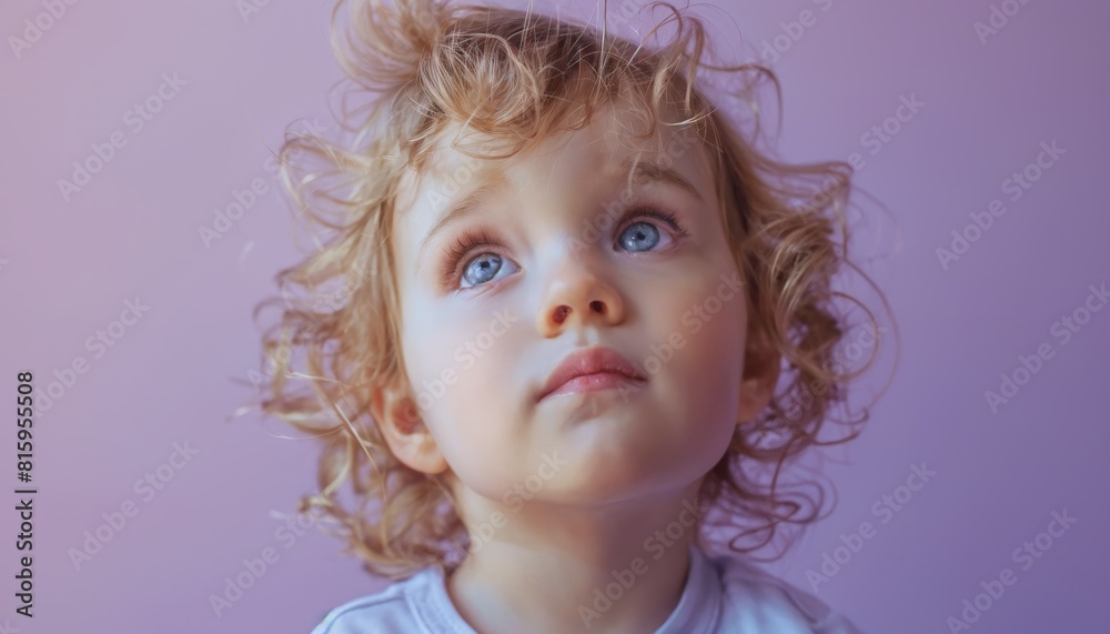 © fourtakig - Pensive toddler gazing thoughtfully into the distance, daydreaming on pale lilac. © fourtakig - Pensive toddler gazing thoughtfully into the distance, daydreaming on pale lilac.