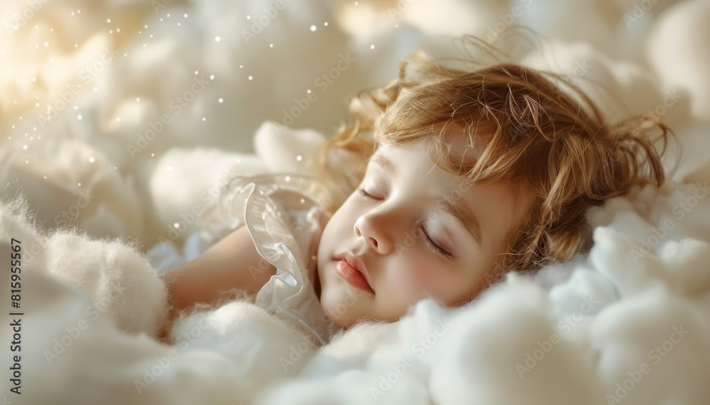 Serene toddler peacefully slumbering, angelic face on a soft cloud of white. Serene toddler peacefully slumbering, angelic face on a soft cloud of white.