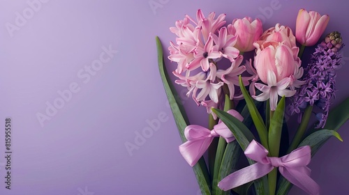 delicate pink tulips and hyacinths with bow on purple gradient mothers day floral background