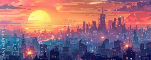 A retro-futuristic metropolis pulsating with life and energy, where towering skyscrapers and bustling streets are alive with the hum of technology. illustration.