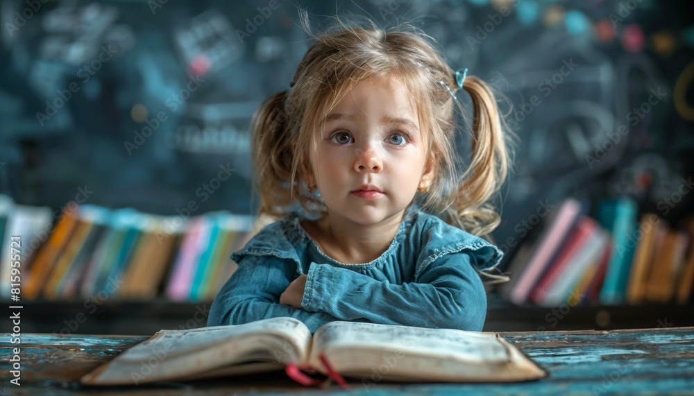 Toddler intently studying something unseen, brow furrowed in deep thought on slate gray. Toddler intently studying something unseen, brow furrowed in deep thought on slate gray.