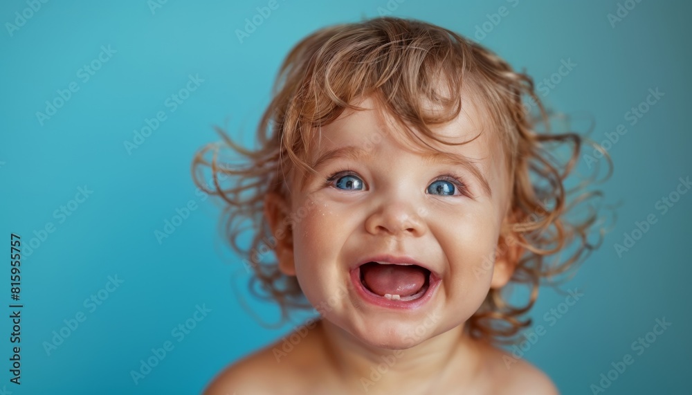 Toddler laughing uproariously, eyes crinkled in pure mirth against soft periwinkle blue. Toddler laughing uproariously, eyes crinkled in pure mirth against soft periwinkle blue.