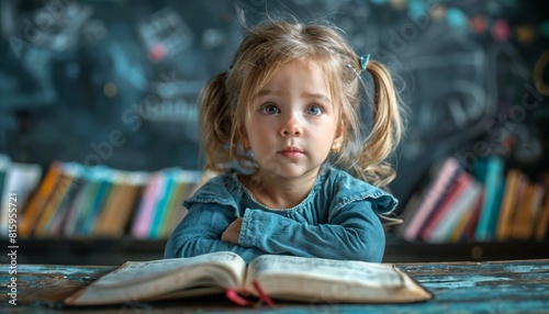 Toddler intently studying something unseen  brow furrowed in deep thought on slate gray.