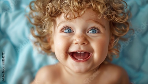 Toddler laughing uproariously, eyes crinkled in pure mirth against soft periwinkle blue. photo