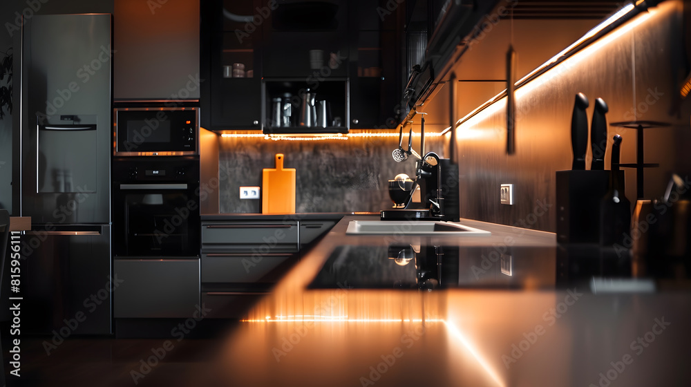 Modern large luxurious dark brown gray and black cozy kitchen interior : Generative AI Modern large luxurious dark brown gray and black cozy kitchen interior : Generative AI