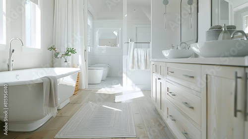 Beautiful ensuite bathroom in new farmhouse style luxury home with double vanity freestanding soaker bathtub mirror sinks shower and hardwood floor   Generative AI