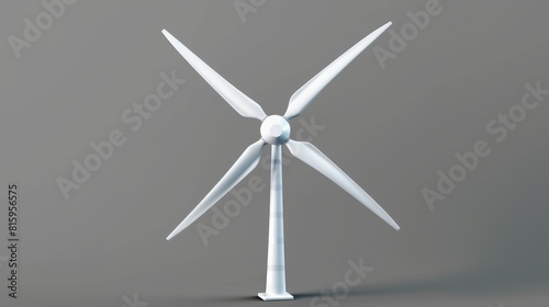 Set of white windmills for renewable clean energy production. Air propeller illustration of an aerogenerator with realistic blades in 3D. photo