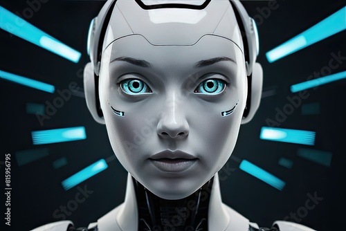 Face of female artificial intelligence with blue eyes, white dress on technology background.