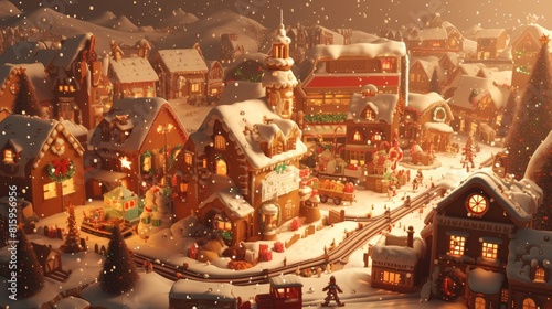 Enchanting 3D Rendered Gingerbread Village with Train Under Snowy Christmas Night © spyrakot
