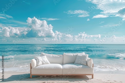 A white couch is sitting on the beach next to the ocean