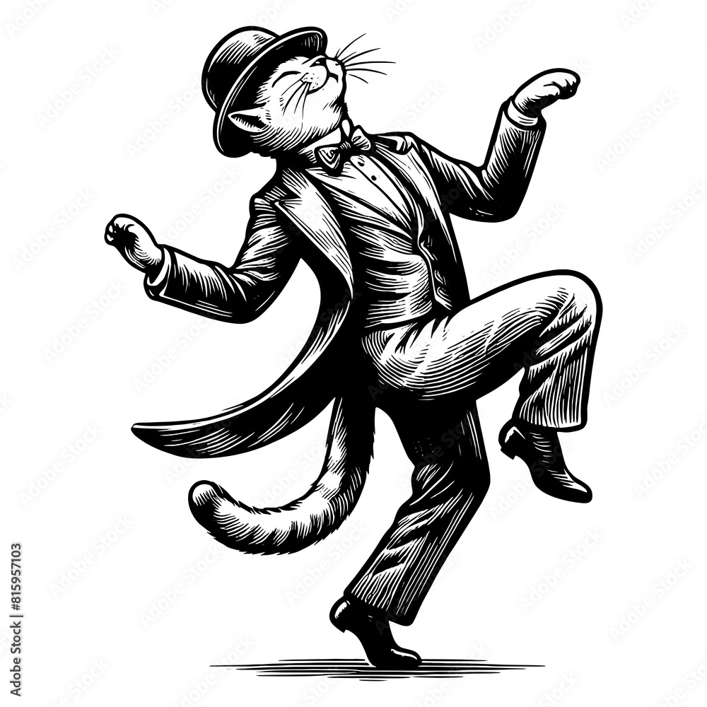 joyfully dancing cat dressed in a dapper suit and bow tie, sketch ...