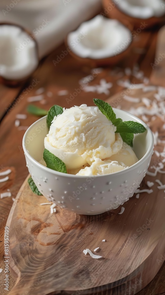 Artisanal coconut ice cream scoops in a white ceramic bowl, garnished with mint leaves and coconut shavings, elegant wooden table setting Artisanal coconut ice cream scoops in a white ceramic bowl, garnished with mint leaves and coconut shavings, elegant wooden table setting