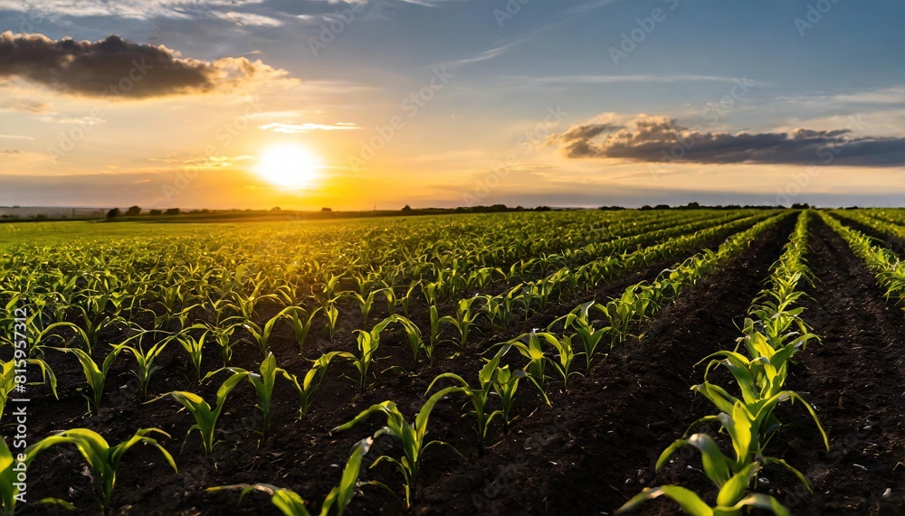 Rows of young corn plants on a fertile field with dark soil Green corn field Rows of young corn plants on a fertile field with dark soil Green corn field
