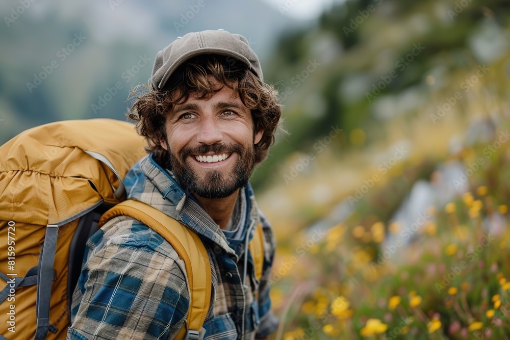 A young bearded man with a backpack and a hat is smiling. He is wearing a plaid shirt and a yellow backpack A young bearded man with a backpack and a hat is smiling. He is wearing a plaid shirt and a yellow backpack
