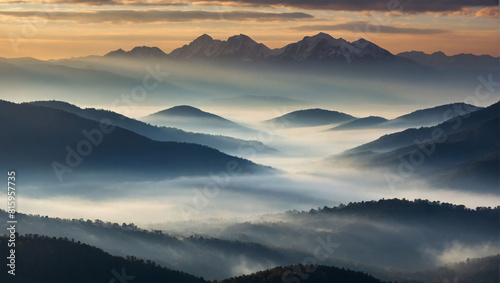 Serene Mountain Morning, Sunbeams Break Through Fog Above Monochromatic Peaks.