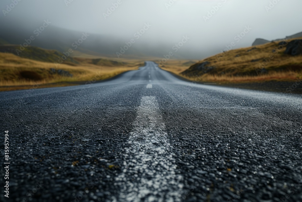 Deserted asphalt road with vibrant texture stretching into a fog-covered valley