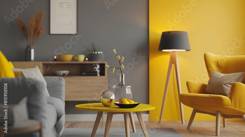 Spacious grey living room with sofa chairs standing lamp small coffeetable decorations in yellow black and white : Generative AI photo