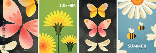 Minimalist summer posters.Bright butterflies, dragonflies, bees, dandelions and daisies. Vertical illustrations for banner, poster, advertising or flyer.