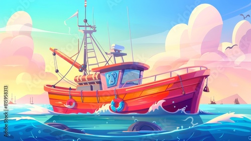 A fish trawler boat floating in the sea with lifebuoys. Cartoon modern illustration. Adventure game for catching fish in sea water, day or night, sunrise or sunset.