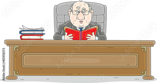 Funny corpulent official working with documents at his desk in an office, vector cartoon illustration on a white background