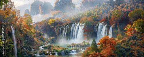 Colorful autumn landscape with waterfall in mountain valley, colorful trees around waterfalls and river flowing through green forest.