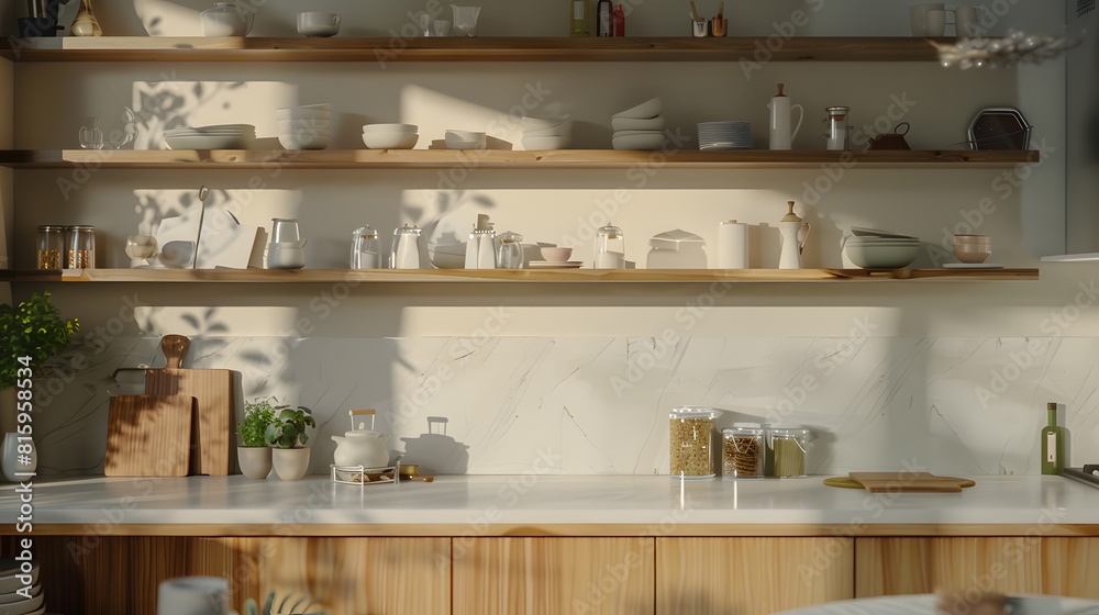 Kitchen interior in eco style and furniture made of natural wood Open storage on shelves natural materials in interior design : Generative AI Kitchen interior in eco style and furniture made of natural wood Open storage on shelves natural materials in interior design : Generative AI